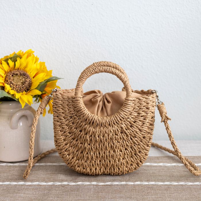 Rounded Straw Basket Bag with Ring Handles
