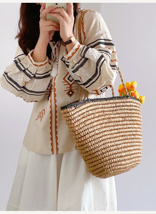 Flared Straw Basket Tote with Contrast Rim