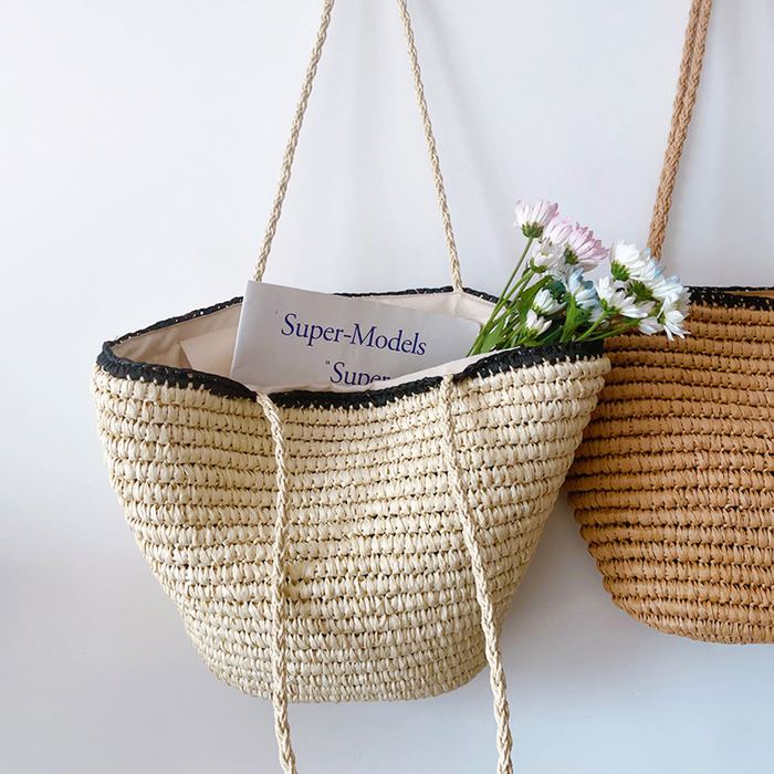 Flared Straw Basket Tote with Contrast Rim