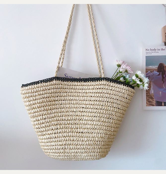Flared Straw Basket Tote with Contrast Rim