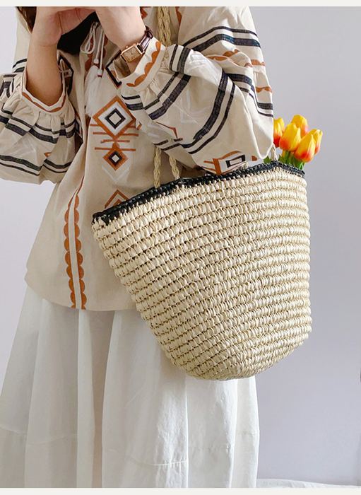 Flared Straw Basket Tote with Contrast Rim