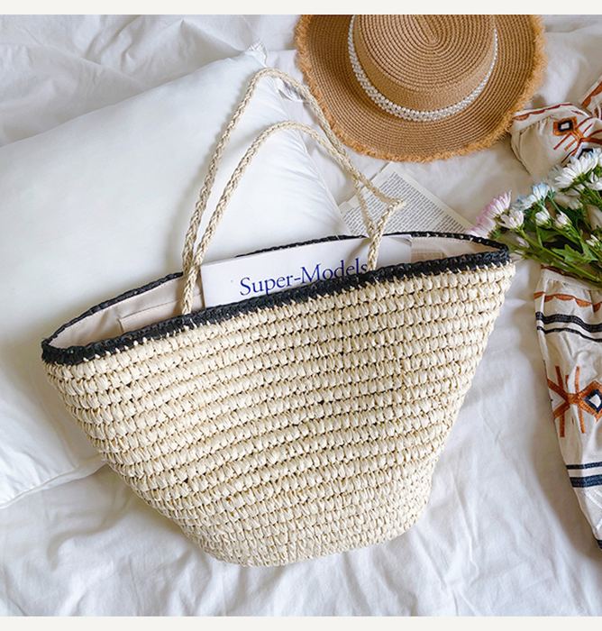 Flared Straw Basket Tote with Contrast Rim