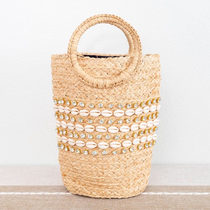 Shell-Accent Raffia Basket Bag with Round Handles