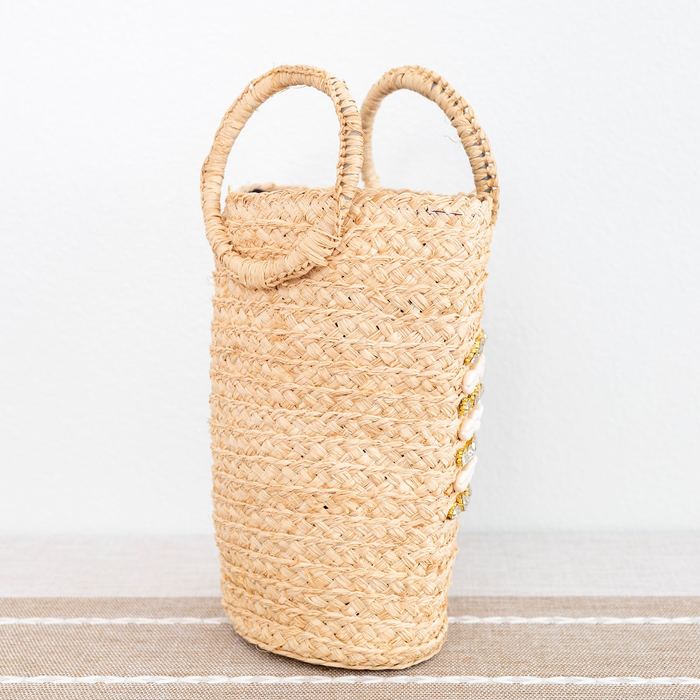 Shell-Accent Raffia Basket Bag with Round Handles