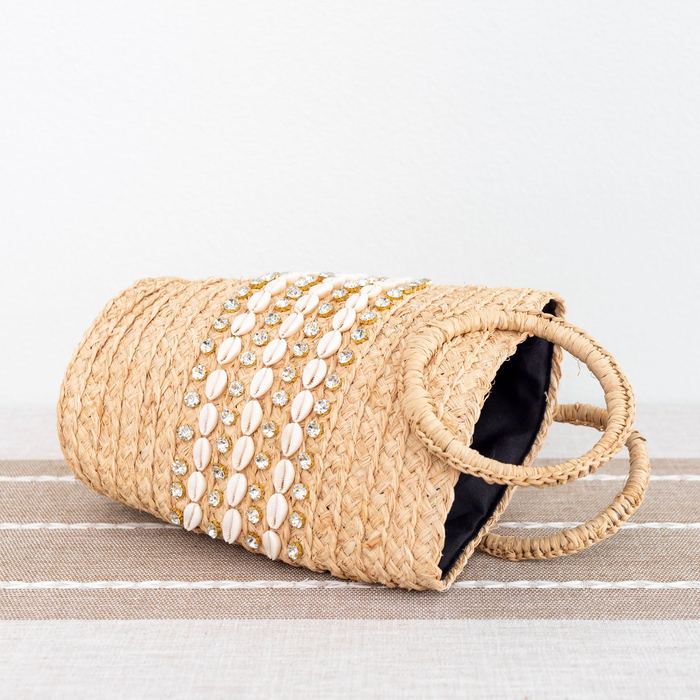 Shell-Accent Raffia Basket Bag with Round Handles