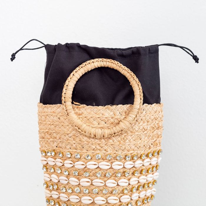 Shell-Accent Raffia Basket Bag with Round Handles