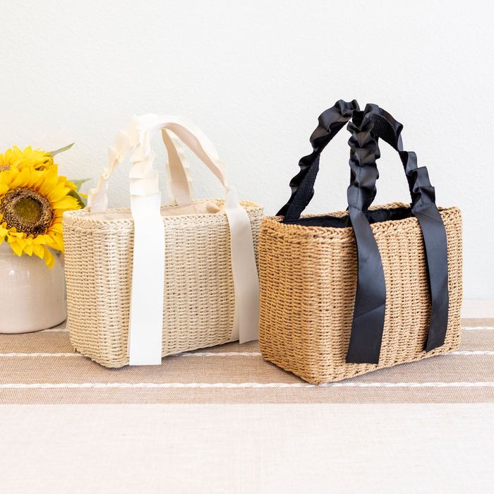 Mini Straw Basket Handbag with Ruffled Handles