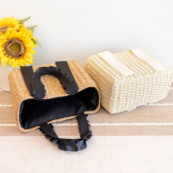 Mini Straw Basket Handbag with Ruffled Handles