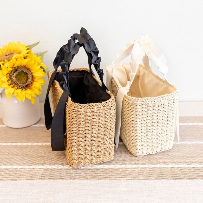 Mini Straw Basket Handbag with Ruffled Handles