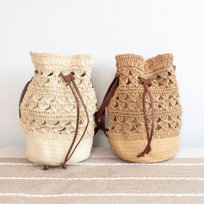 Openwork Straw Bucket Bag with Contrast Drawstring
