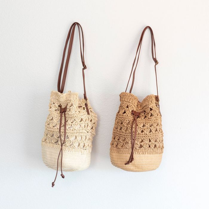 Openwork Straw Bucket Bag with Contrast Drawstring