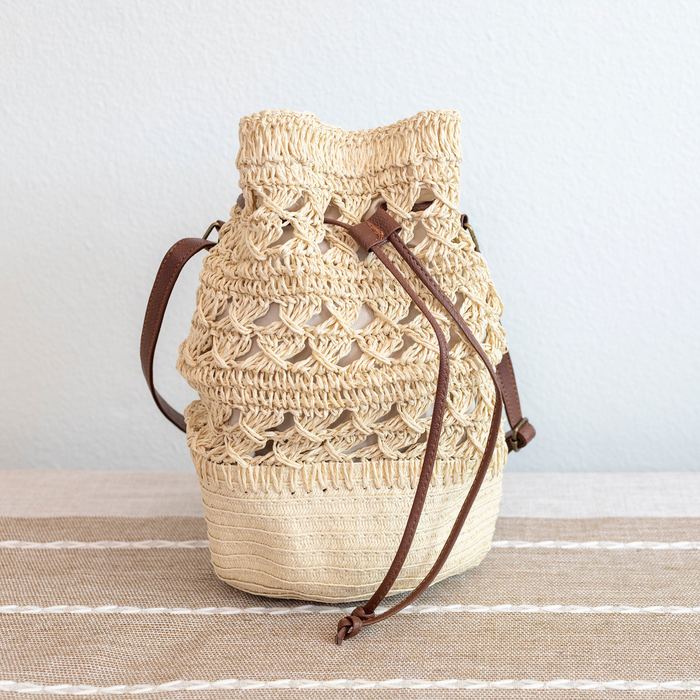Openwork Straw Bucket Bag with Contrast Drawstring