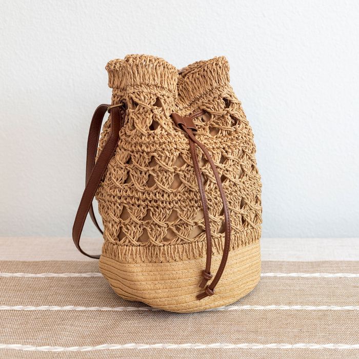 Openwork Straw Bucket Bag with Contrast Drawstring