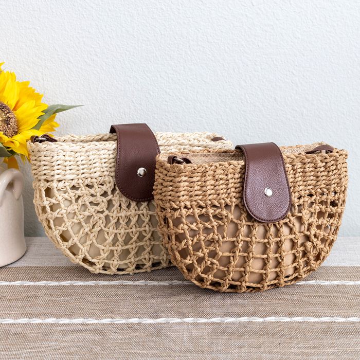 Openwork Straw Half-Moon Bag with Brown Front Tab