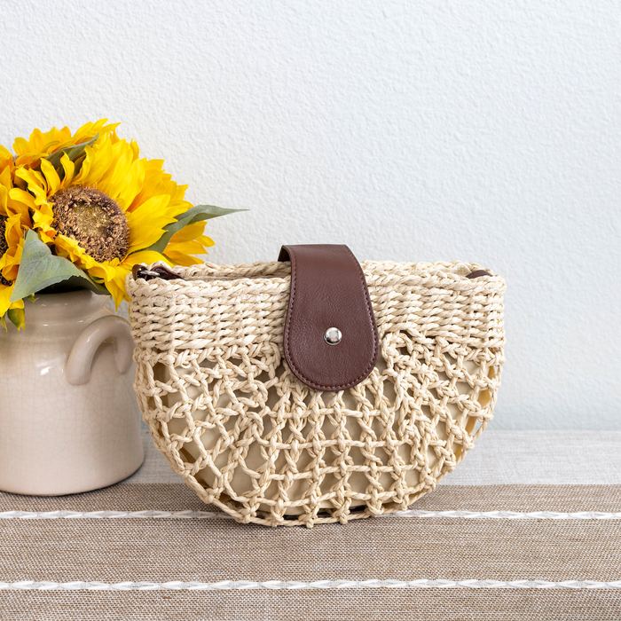 Openwork Straw Half-Moon Bag with Brown Front Tab