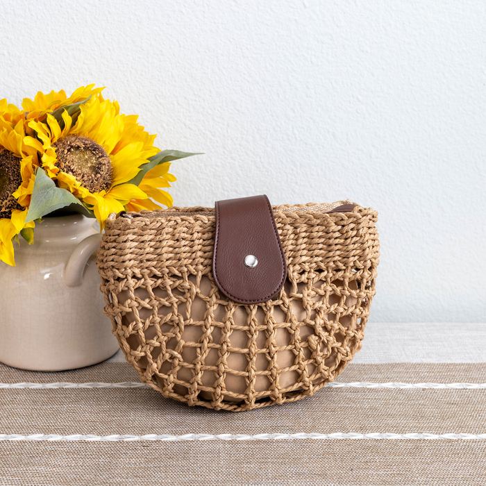 Openwork Straw Half-Moon Bag with Brown Front Tab