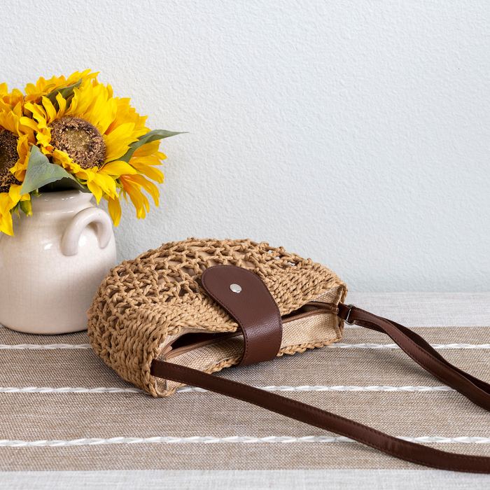 Openwork Straw Half-Moon Bag with Brown Front Tab