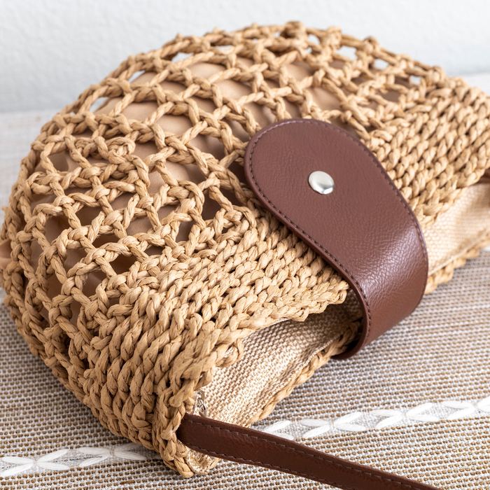 Openwork Straw Half-Moon Bag with Brown Front Tab