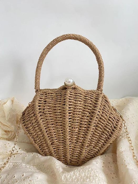 Shell-Shaped Straw Handbag with Rounded Top Handle