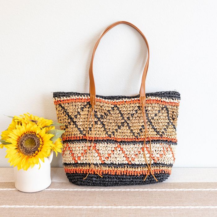 Large Geometric Woven Straw Tote with Zip Closure
