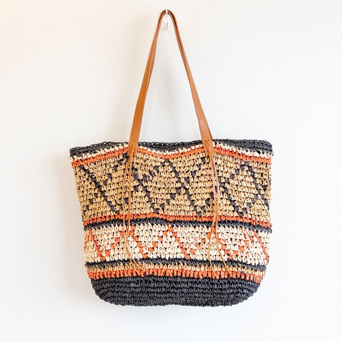 Large Geometric Woven Straw Tote with Zip Closure