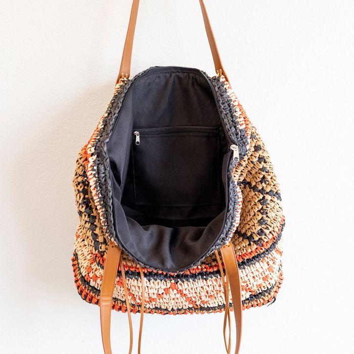 Large Geometric Woven Straw Tote with Zip Closure