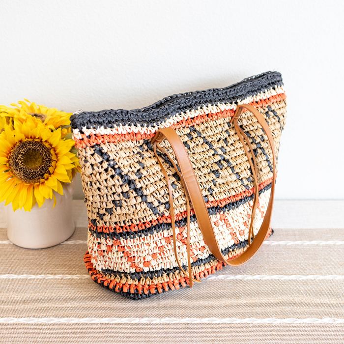 Large Geometric Woven Straw Tote with Zip Closure