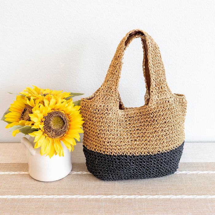 Natural and Black Woven Straw Shoulder Bag