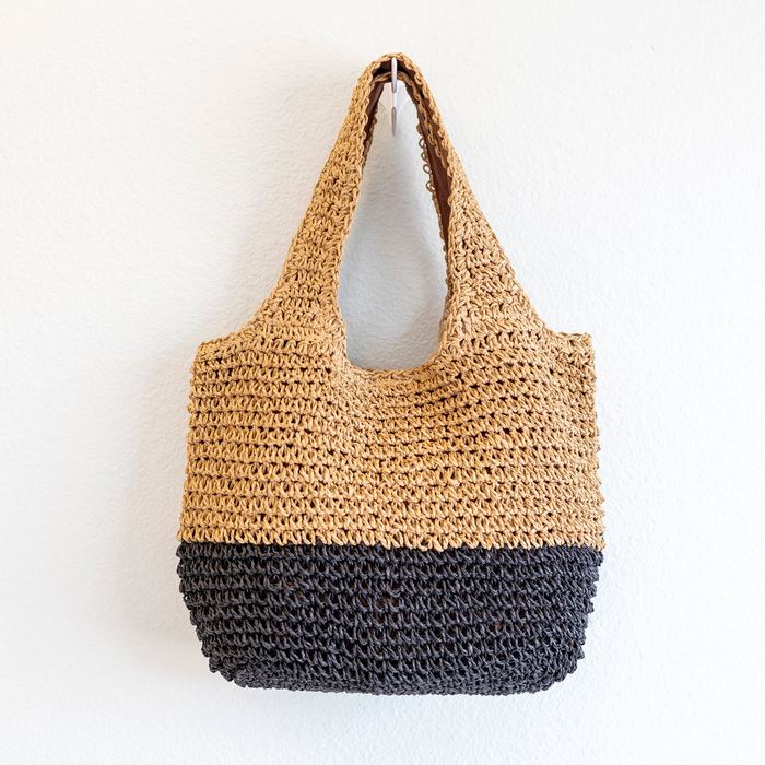 Natural and Black Woven Straw Shoulder Bag