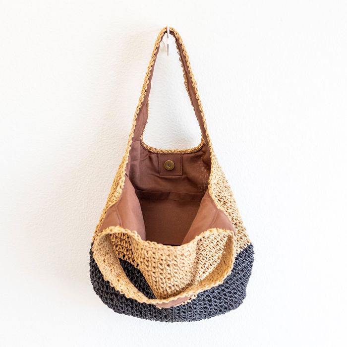 Natural and Black Woven Straw Shoulder Bag