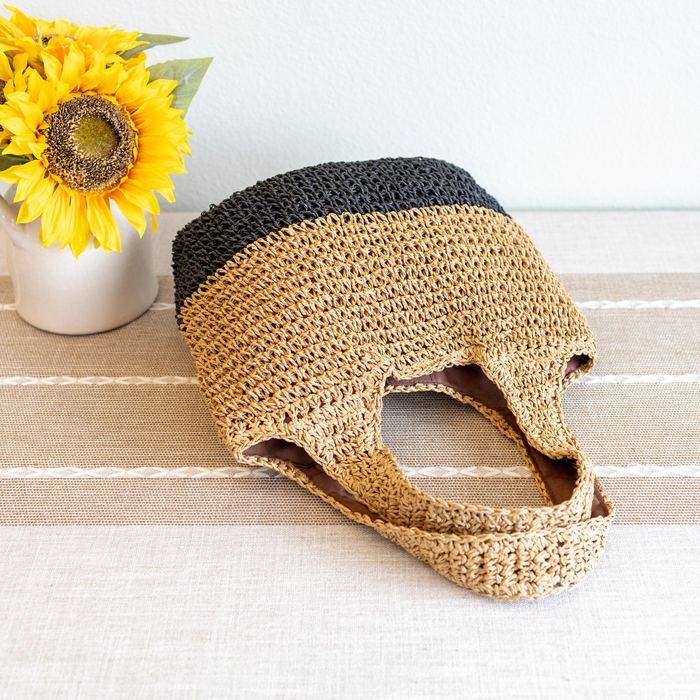 Natural and Black Woven Straw Shoulder Bag
