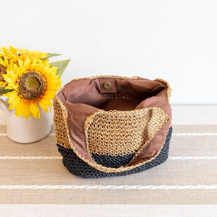 Natural and Black Woven Straw Shoulder Bag