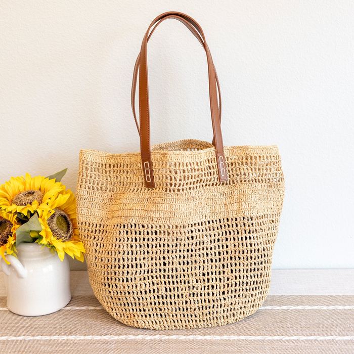 Large Open-Weave Raffia Tote with Genuine Leather Handles
