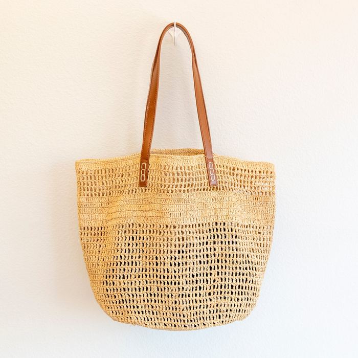 Large Open-Weave Raffia Tote with Genuine Leather Handles