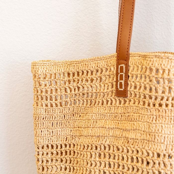 Large Open-Weave Raffia Tote with Genuine Leather Handles