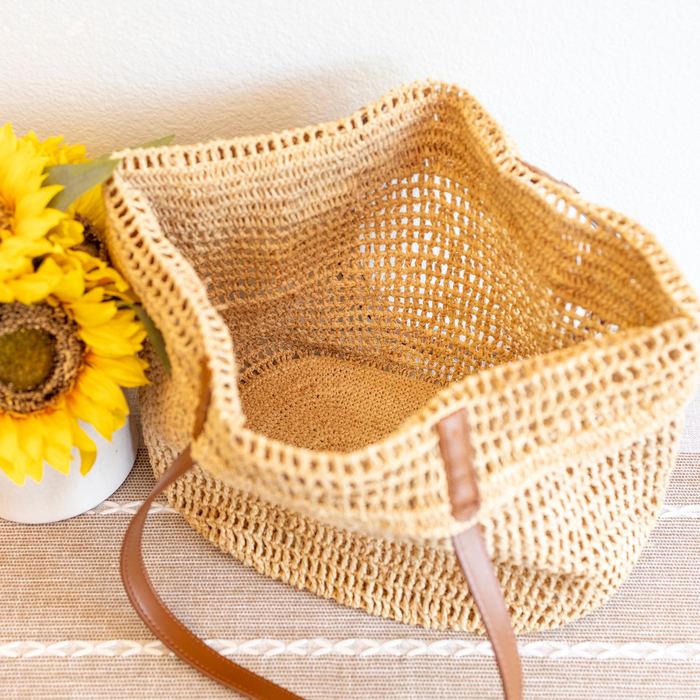 Large Open-Weave Raffia Tote with Genuine Leather Handles
