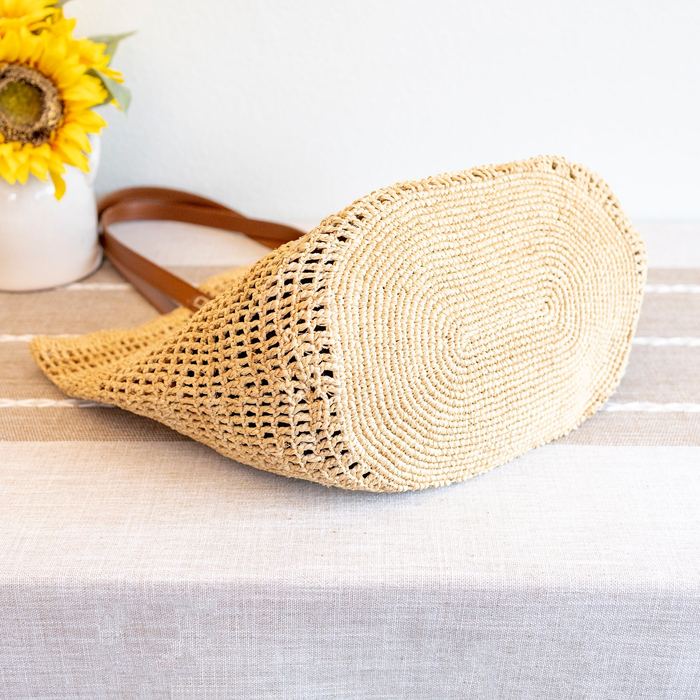 Large Open-Weave Raffia Tote with Genuine Leather Handles