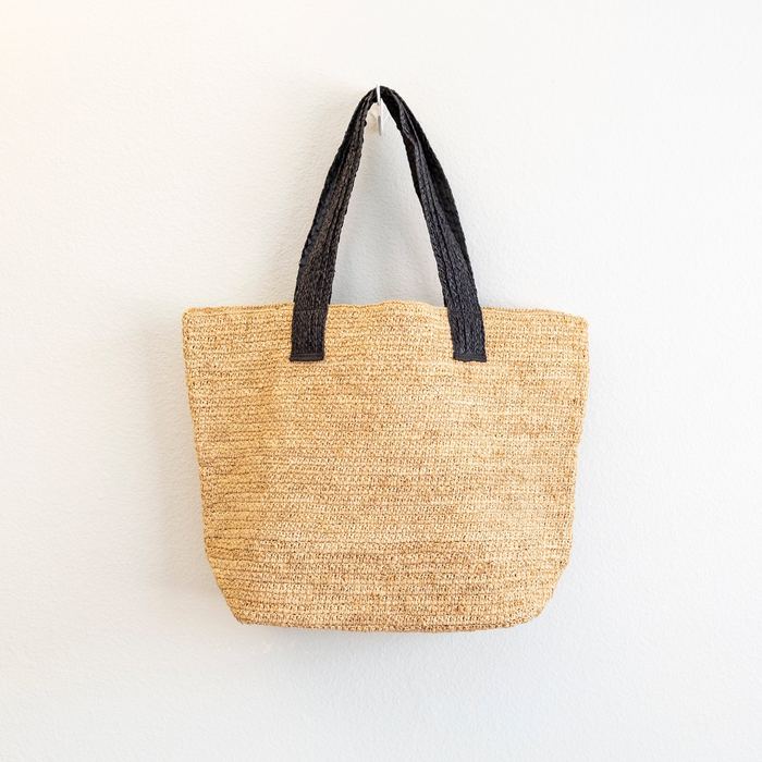 Large Natural Raffia Tote with Black Woven Handles
