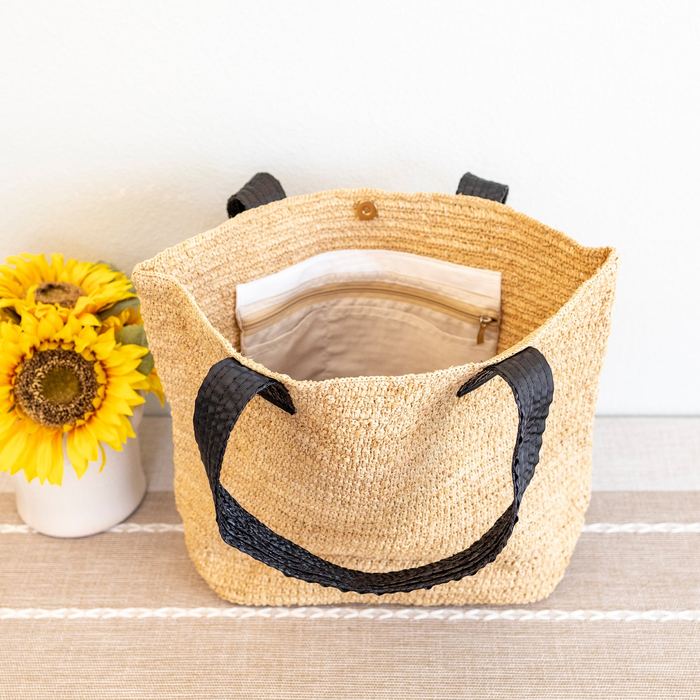 Large Natural Raffia Tote with Black Woven Handles