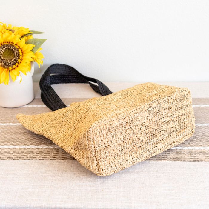 Large Natural Raffia Tote with Black Woven Handles