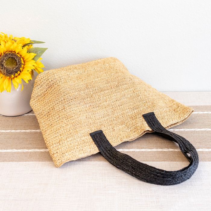 Large Natural Raffia Tote with Black Woven Handles
