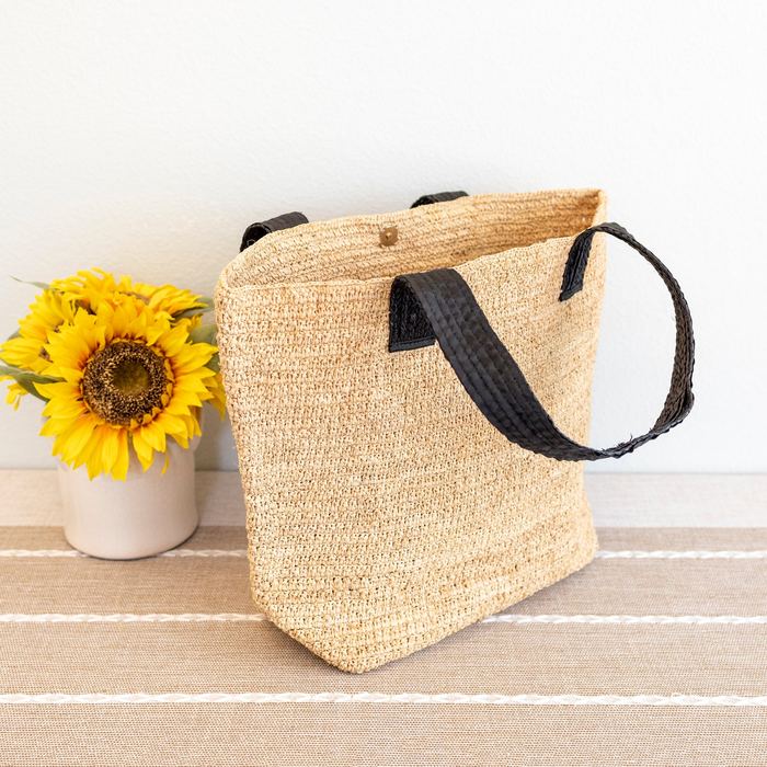 Large Natural Raffia Tote with Black Woven Handles