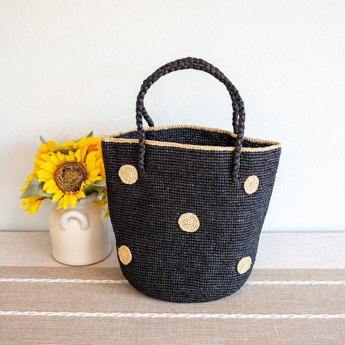 Black Raffia Basket Tote with Natural Polka Dots