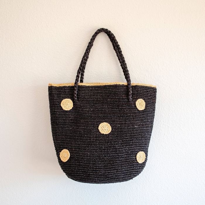 Black Raffia Basket Tote with Natural Polka Dots
