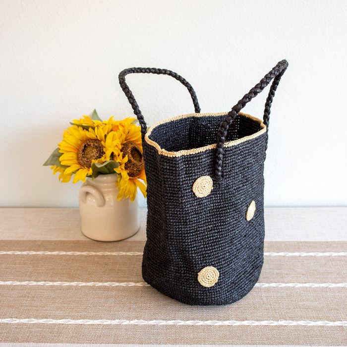 Black Raffia Basket Tote with Natural Polka Dots