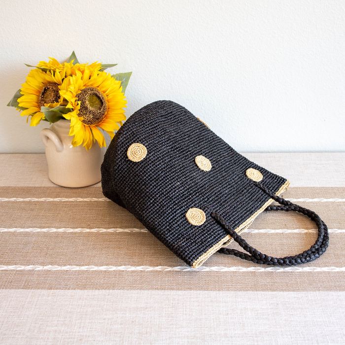 Black Raffia Basket Tote with Natural Polka Dots