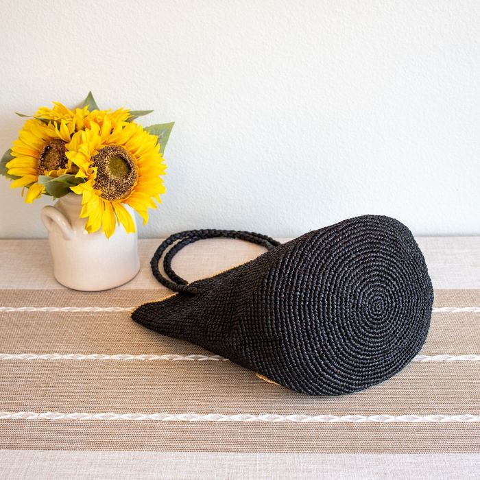 Black Raffia Basket Tote with Natural Polka Dots