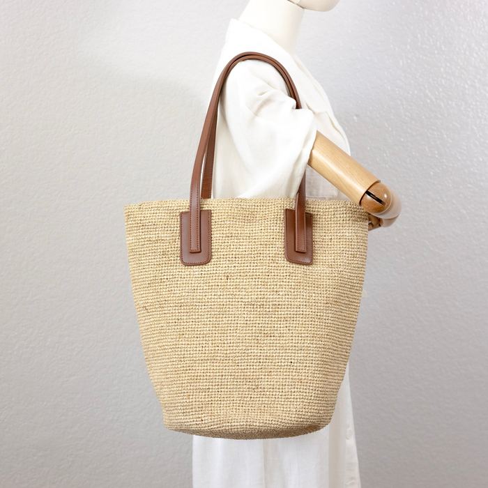 Large Raffia Tote with Genuine Leather Handles