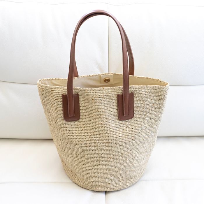 Large Raffia Tote with Genuine Leather Handles