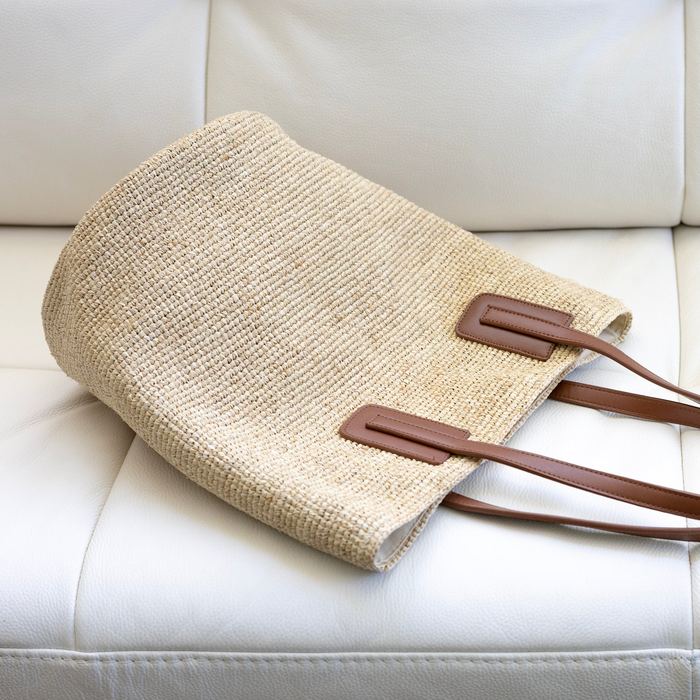 Large Raffia Tote with Genuine Leather Handles